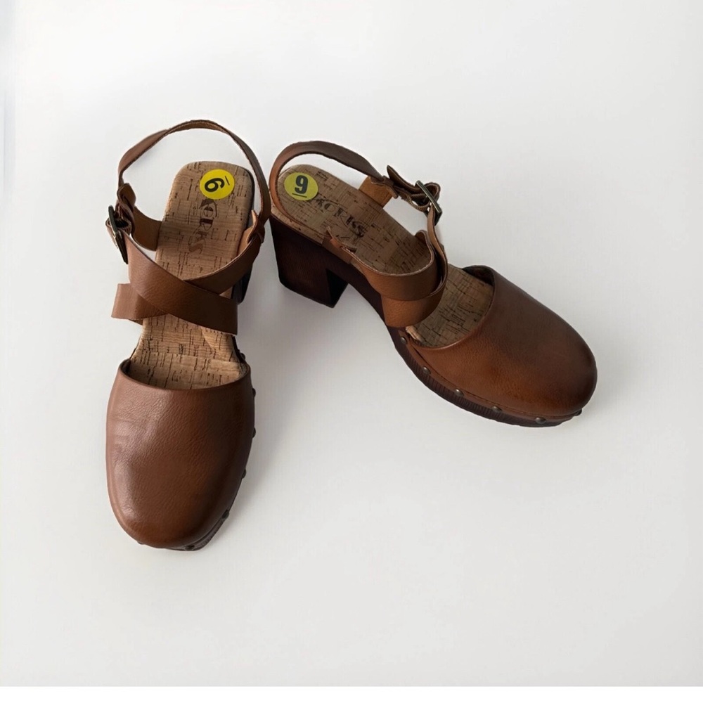 Korks Women’s Boho Clogs Brown Platform Strap Studded Size 9 Now Worn